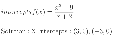 The intercepts of f(x)=(x^2-9)/(x+2) is X Intercepts: (3,0),(-3,0),Y Intercepts: (0,-9/2)